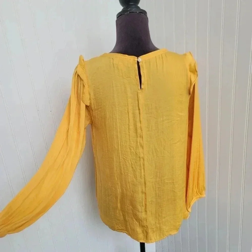 LOFT Top Yellow Silky Feel Puff Sleeve Round Neck Crinkle Fabric Long Sleeve S